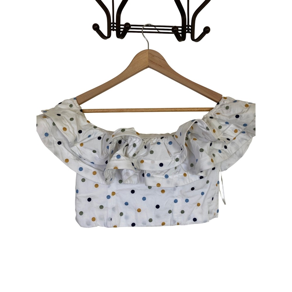 Prose & Poetry White Polka Dot Ruffle Off the‎ Shoulder Crop Top XS Multi Color